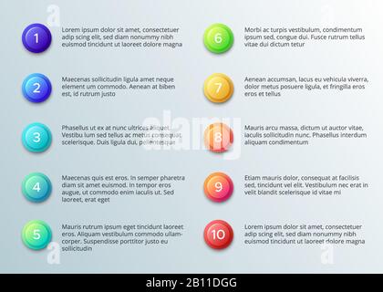 Text with number bullets. Ten pointing paragraph layout with number buttons. Vector infographics template Stock Vector