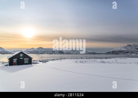 Hut by the fjord near Holmstad, Vesterålen, Norway Stock Photo