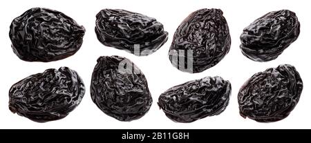 Prunes isolated on white background with clipping path, dried plums collection Stock Photo