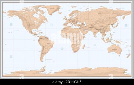 Vintage world map. Retro countries boundaries on topographic or marine map. Old continents navigation maps vector illustration Stock Vector