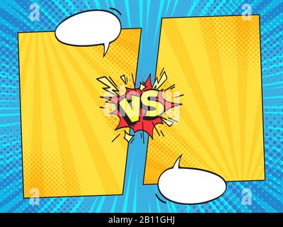 Versus comic frame. Vs comics book frames with cartoon text speech bubbles on halftone stripes background vector template Stock Vector
