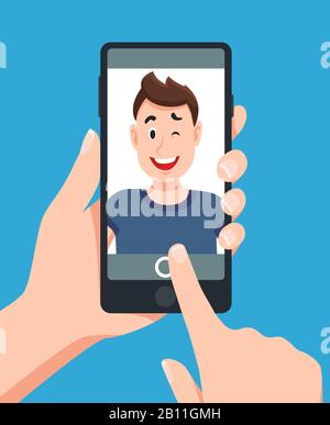 Man taking smartphone selfie portrait. Touching telephone photo cartoon vector illustration Stock Vector
