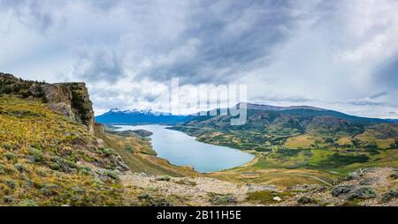 Panoramic view from Cerro Benitez over Lago Sofia to Torres del Paine National Park, Ultima Esperanza Province, Magallanes Region, southern Chile Stock Photo