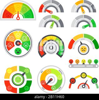 Satisfaction rating meter. Quality speedometer, goods grade indicator and mood graph ratings. Color tachometer indicators vector set Stock Vector