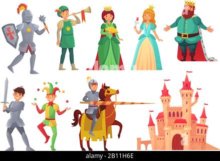 Medieval characters. Royal knight with lance on horseback, princess, kingdom king and queen isolated vector character set Stock Vector