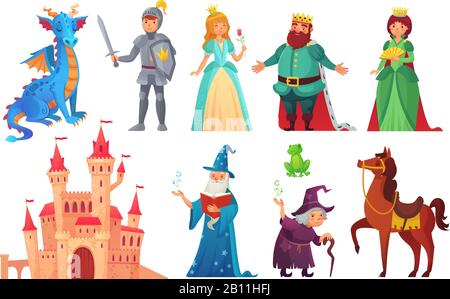 Fairy tales characters. Fantasy knight and dragon, prince and princess, magic world queen and king isolated cartoon vector set Stock Vector