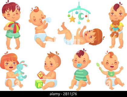Smiling cartoon baby. Happy cute little kids playing with toys, small infant with pacifier and newborn children isolated vector set Stock Vector
