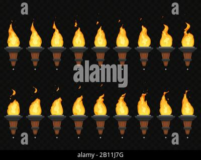 Torch fire animation. Burning cresset, flames on torches and flambeau animated loop sequence isolated vector set Stock Vector
