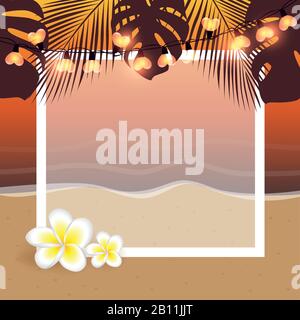 summer holiday frame on the palm beach with frangipani tropical flower vector illustration EPS10 Stock Vector