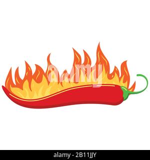 Red chilli pepper in burned fire flame vector icon isolated on white background. Stock Vector