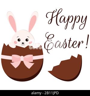 Chocolate broken Easter egg and sweet bunny rabbit inside with ribbon and bow isolated on white background. Stock Vector