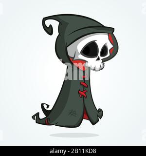 Cute cartoon grim reaper isolated on white. Cute Halloween skeleton death character icon Stock Vector