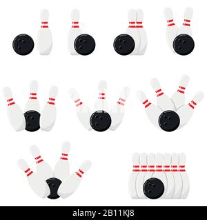 Bowling ball and pin in different position vector icon set isolated on white background. Stock Vector