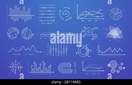 Linear graph chart. Thin line charts, modern statistics graphs and circular bar progress presentation diagram isolated vector set Stock Vector