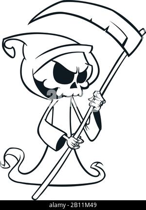 Cute cartoon grim reaper with scythe isolated on white. Cute Halloween skeleton death character outlines. Line art for coloring book Stock Vector