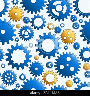 Vector Blue And Gold Mechanical Cogwheel Seamless Pattern. Gear And Cog Site Background. Collection Of Clockwork Gear Wheels, Different Configuration. Stock Vector