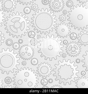Vector Drawing Mechanical Cogwheel Seamless Pattern. Lined Grey Gear And Cog Site Background. Collection Of Clockwork Gear Wheels, Different Configura Stock Vector