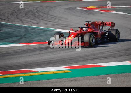 Sebastian Vettel, driver for Scuderia Ferrari team, at F1 Winter Testing in Montmelo circuit, Barcelona, Spain Stock Photo