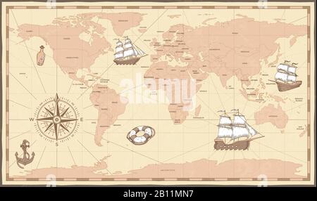 Antique world map. Vintage compass and retro ship on ancient marine map. Old countries boundaries vector illustration Stock Vector