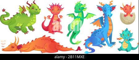 Fairy dragons. Funny fairytale dragon, cute magic lizard with wings and baby fire breathing serpent cartoon isolated vector set Stock Vector