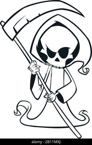 Cute cartoon grim reaper with scythe isolated on white. Cute Halloween skeleton death character outlines. Line art for coloring book Stock Vector