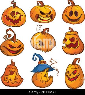Big set of halloween pumpkins with Jack O`Lantern face, vector ...