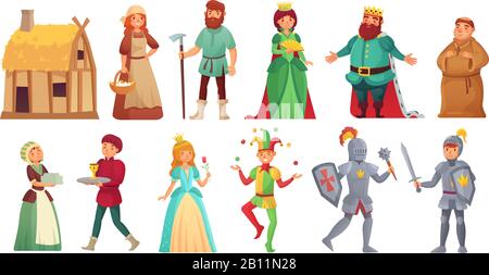 Medieval historical characters. Historic royal court alcazar knights, medieval peasant and king isolated cartoon vector character Stock Vector