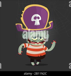 Vector illustration of Cartoon Pirate zombie. Halloween zombie mascot in pirate bicorne hat with skull emblem. Isolated Stock Vector