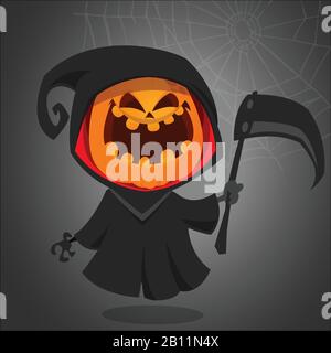 Halloween grim reaper with pumpkin head. Vector jack-o-lantern character mascot Stock Vector