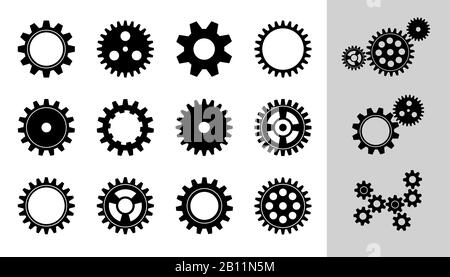 Vector Machine Cogwheel Collection. Set Of Gear Wheels And Cogs, Flat Icons In Black And White, Different Configuration. Clockwork Round Details. Gear Stock Vector