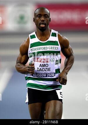 Eugene Amo-Dadzie on the way to winning the Men's 60m Heat Two during day one of the SPAR British Athletics Indoor Championships at the Emirates Arena, Glasgow. Stock Photo