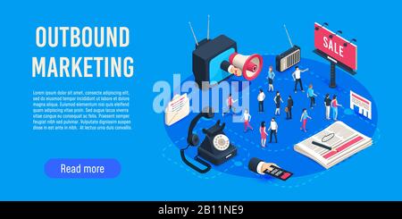 Outbound marketing isometric. Business market sales optimisation, corporate crm and social media ads communication vector concept Stock Vector