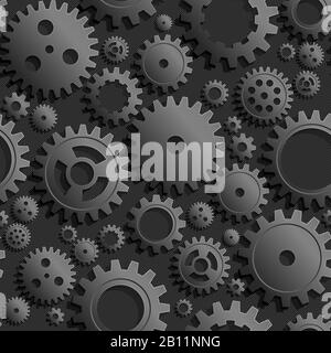 Vector Mechanical Cogwheel Seamless Pattern. Dark Gear And Cog Site Background. Collection Of Steel Gear Wheels, Grey Volumetric Icons, Different Conf Stock Vector