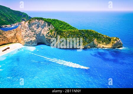 Shipwreck beach at Navagio bay. Zakynthos island, Greece. The most famous and fotographed beach in the world Stock Photo