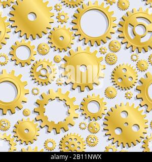 Vector Gold Mechanical Cogwheel Seamless Pattern. Golden Gear And Cog Site Background. Collection Of Clockwork Gear Wheels, Volumetric Icons, Differen Stock Vector