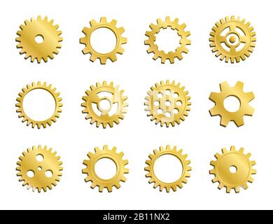 Vector Clockwork Cogwheel Collection. Set Of Gold Gear Wheels And Cogs, Golden Volumetric Icons, Different Configuration, Round Mechanic Details. Gear Stock Vector