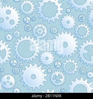 Vector Drawing Mechanical Cogwheel Seamless Pattern. Lined Blue Gear And Cog Site Background. Collection Of Clockwork Gear Wheels, Different Configura Stock Vector
