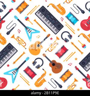 Musical instruments seamless pattern. Vintage piano synthesizer, rock guitar and drums. Music vector flat background Stock Vector