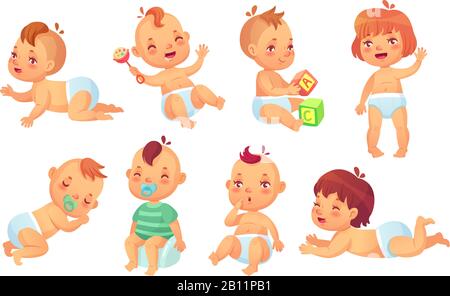 Cute baby. Happy cartoon babies, smiling and laughing toddler isolated vector character set Stock Vector
