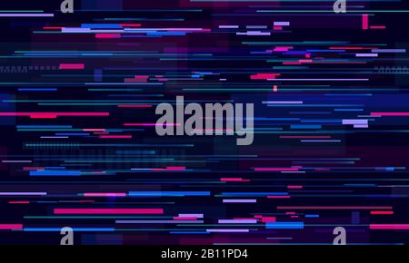 Futuristic neon glitch background. Glitched nightlife tech lines, street light motion and technology seamless pattern vector design Stock Vector