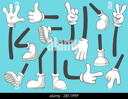 Cartoon legs and hands. Leg in boots and gloved hand, comic feet in shoes. Glove arm vector isolated illustration set Stock Vector
