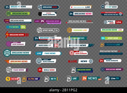 Tv news bar. Television broadcast media title banner, soccer player titles or football sport show interface isolated vector set Stock Vector