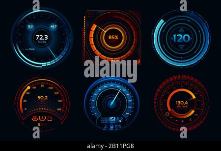 Speedometer indicators. Power meters, fast or slow internet connection speed meter stages vector concept Stock Vector