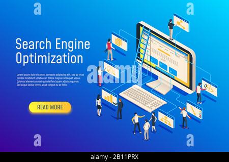 Isometric seo optimization. Website team computer optimizing. 3d seo web site optimize vector illustration Stock Vector