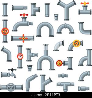 Flat pipes. Oil pipe with pressure gauge, metal tube manometer and drain plumbing connector isolated vector set Stock Vector
