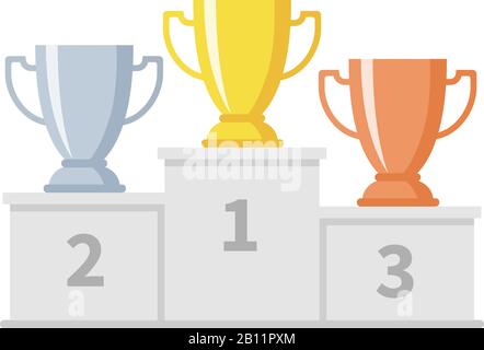 Winner podium with trophy cups. Gold, silver and bronze goblets on sports pedestal. Competition and goal achievement vector business concept Stock Vector