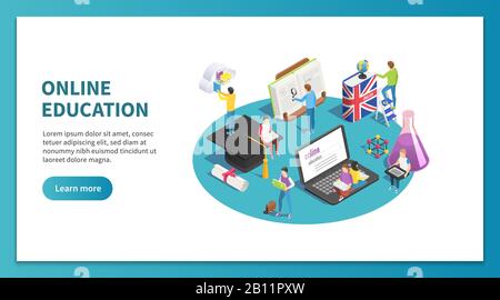 Online education isometric concept. Internet studying and web course. Learning students website landing page vector design Stock Vector