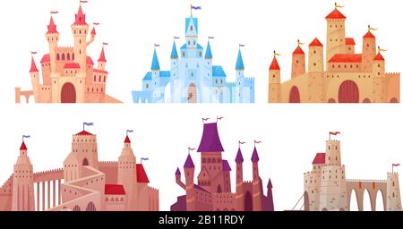 Medieval castle towers. Fairytail mansion exterior, king fortress castles and fortified palace with gate cartoon vector set Stock Vector