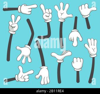 Cartoon arms. Doodle gloved pointing hands, different human point arm. Vintage vector illustration set Stock Vector