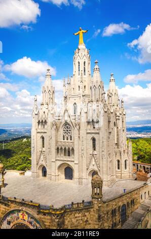Temple of the Sacred Heart of Jesus on Tibidabo mountain in Barcelona without people; vertical photo Stock Photo
